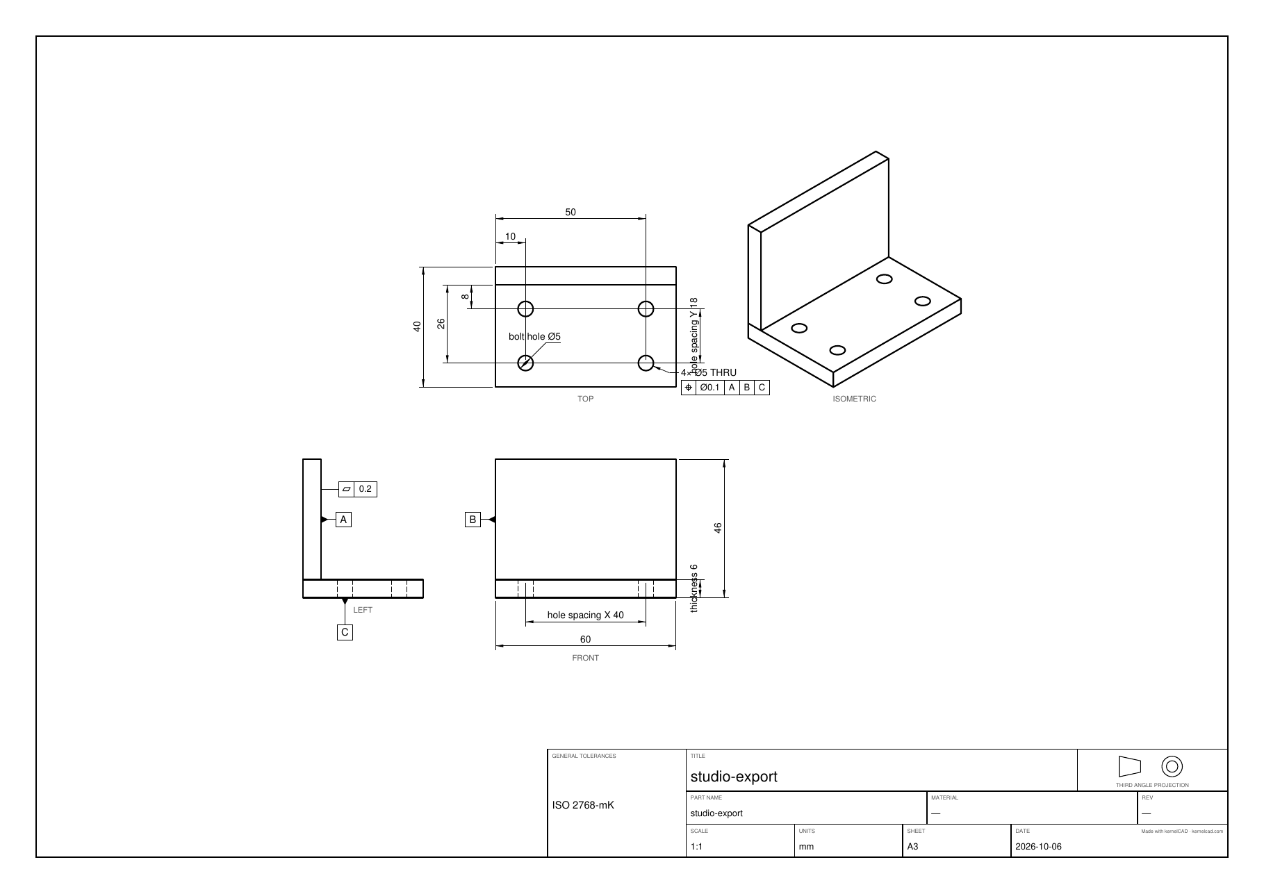 The mounting bracket as a PDF drawing on an A3 sheet: top, front, left and isometric views with hole spacing X 40, hole spacing Y 18, thickness 6, bolt hole Ø5 and overall sizes