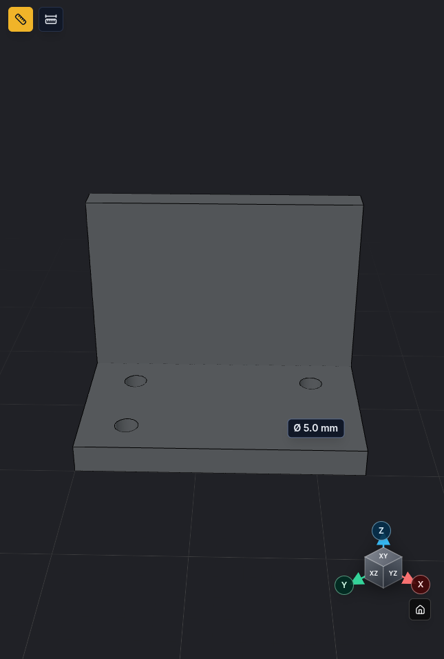 Measure tool showing Ø 5.0 mm after one click on a hole edge of the bracket