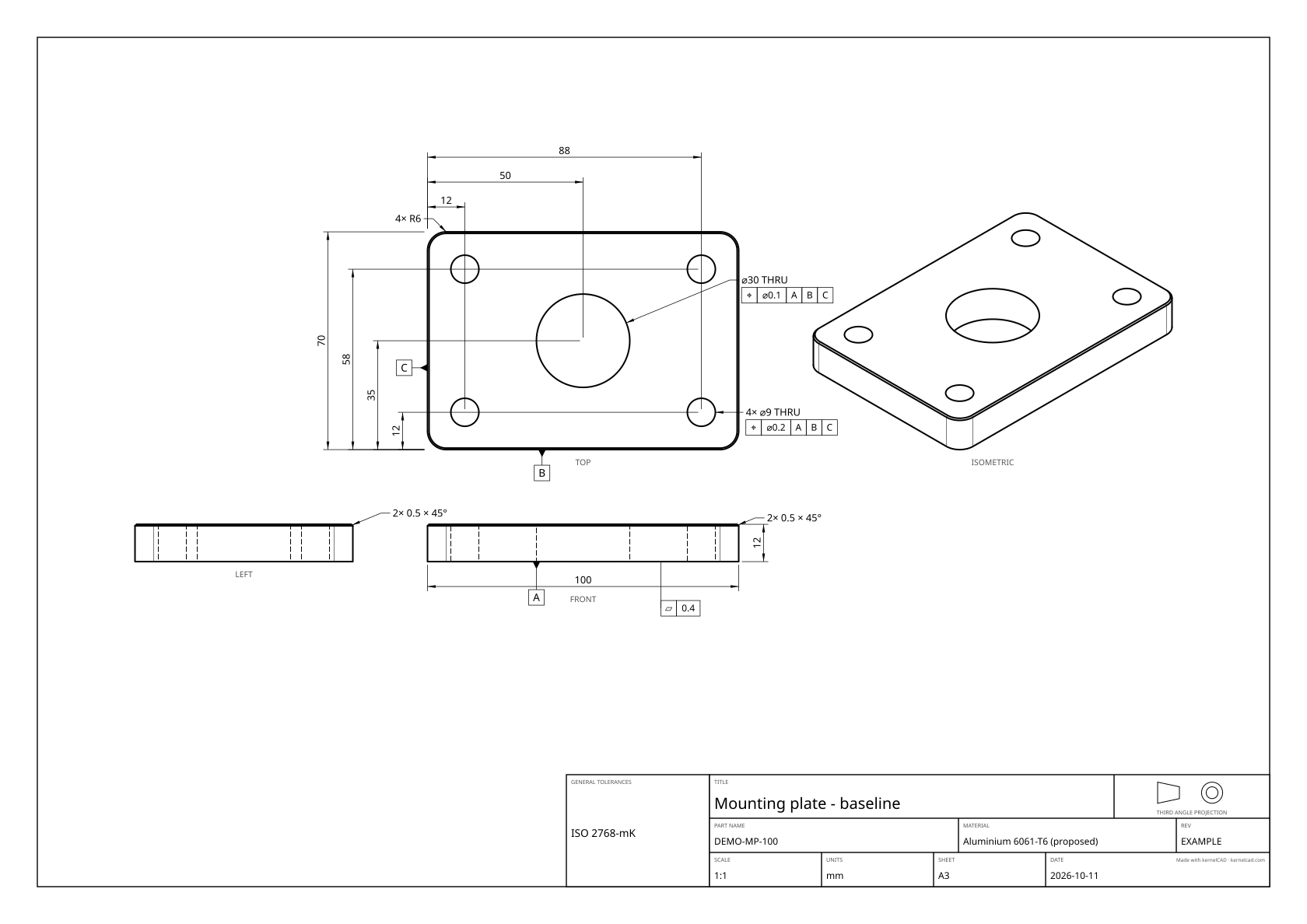 Generated mounting plate drawing with orthographic and isometric views, hole locations and datum references
