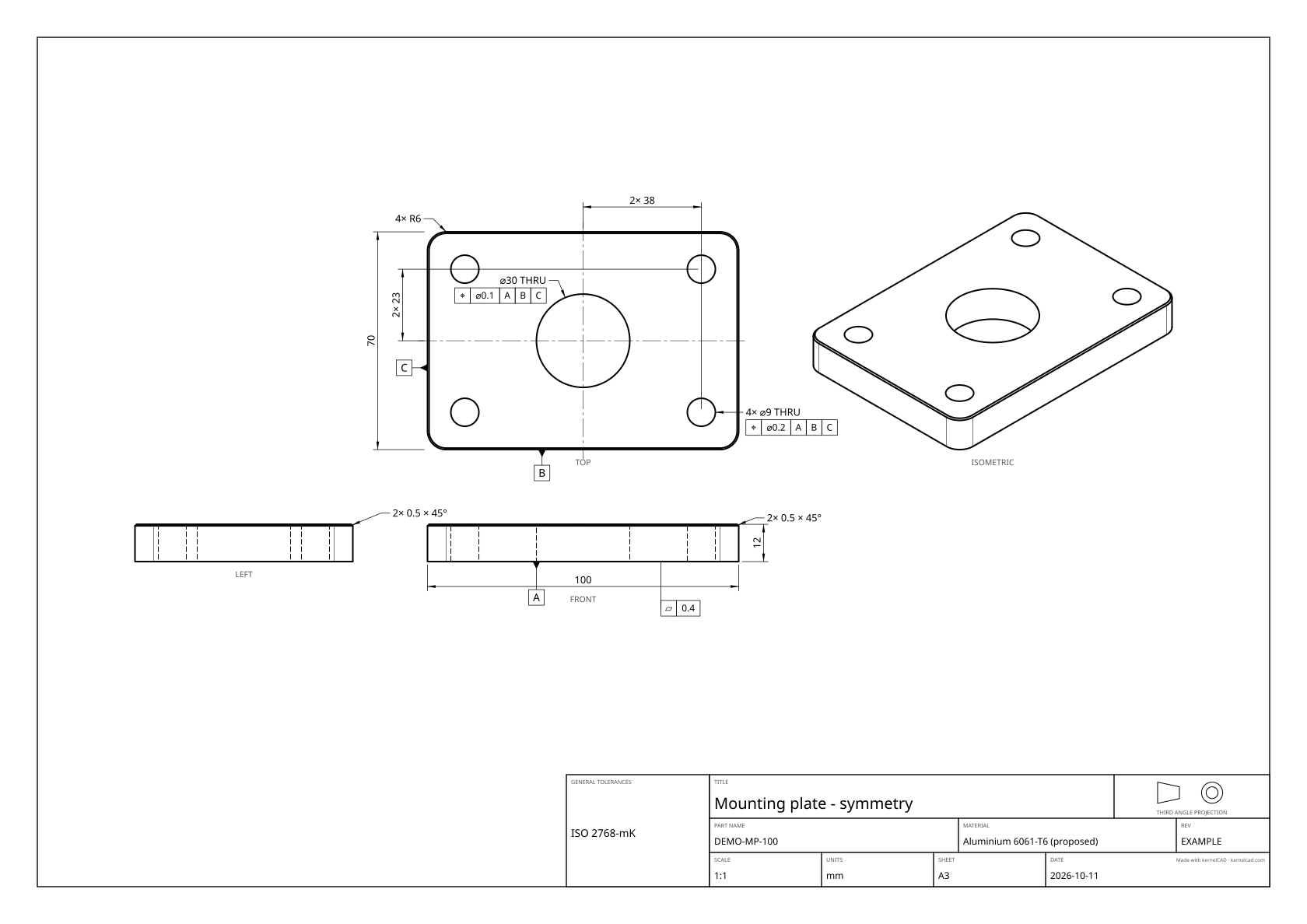 Mounting plate with symmetric dimensions about the centreline