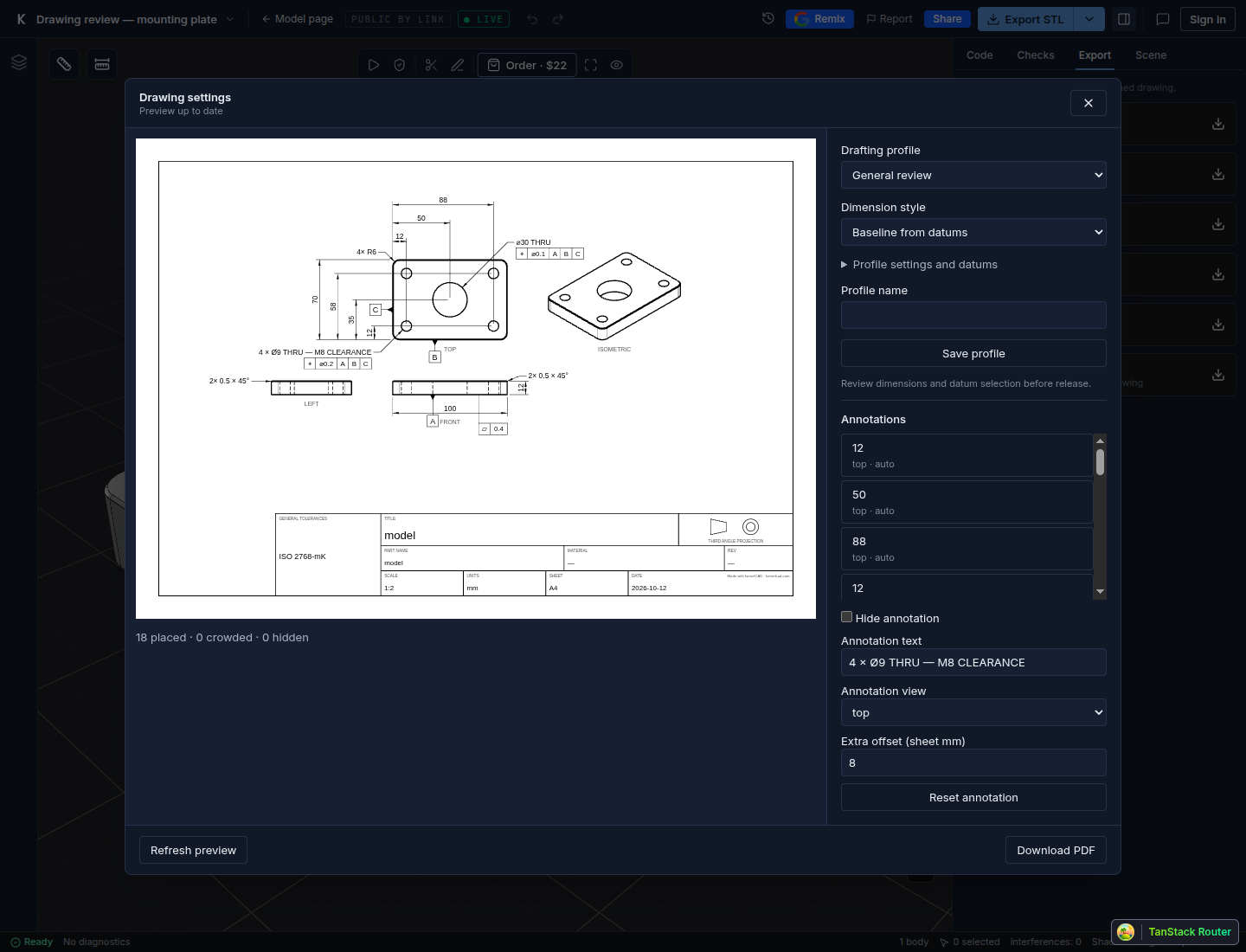 Drawing settings after editing the hole label and setting its extra offset to 8 mm