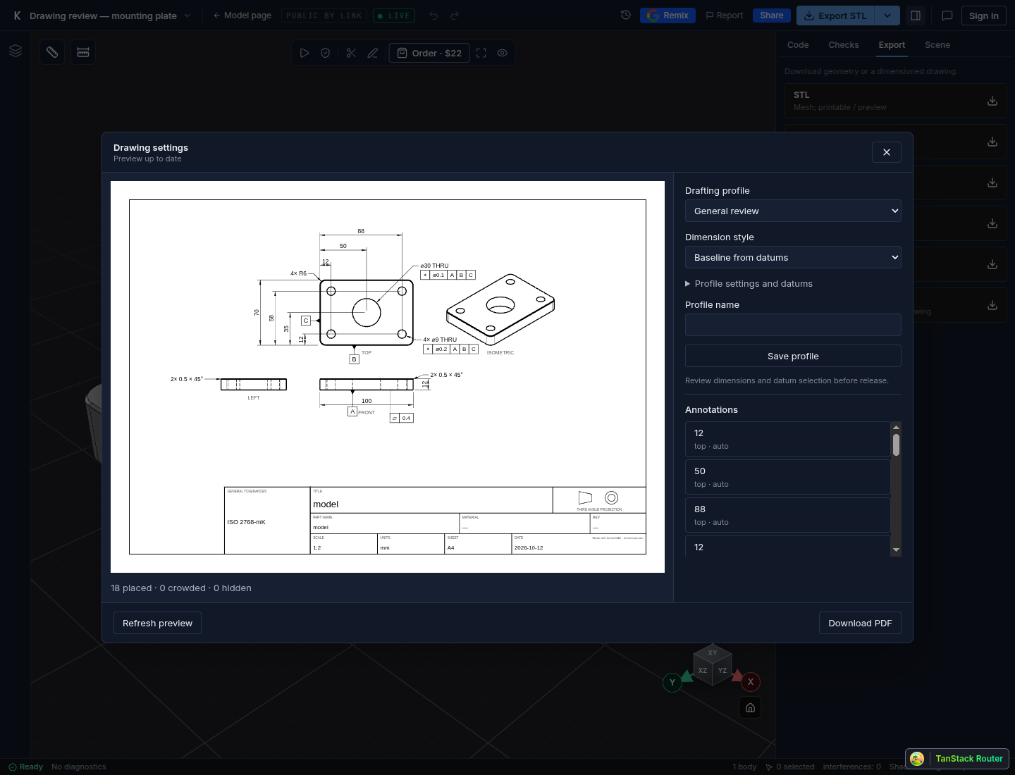 Studio Drawing settings with the mounting plate preview and dimension-style selector